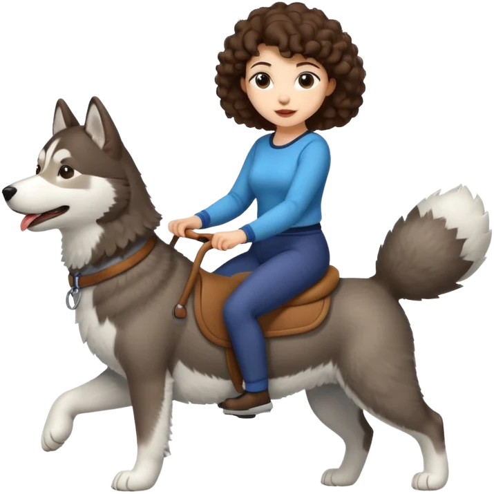 cute woman short tight curly brown hair riding big husky dog emoji