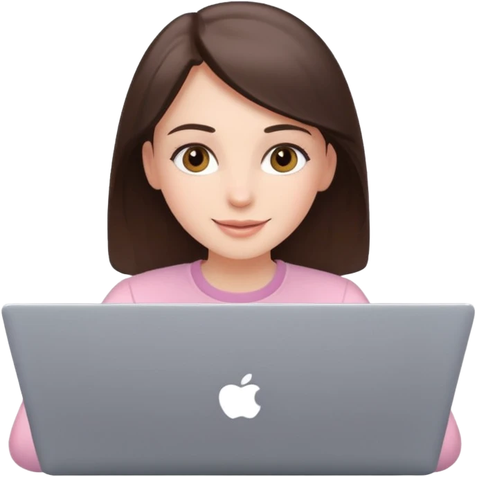 happy white brunette girl with hazel eyes in light pink using laptop emoji