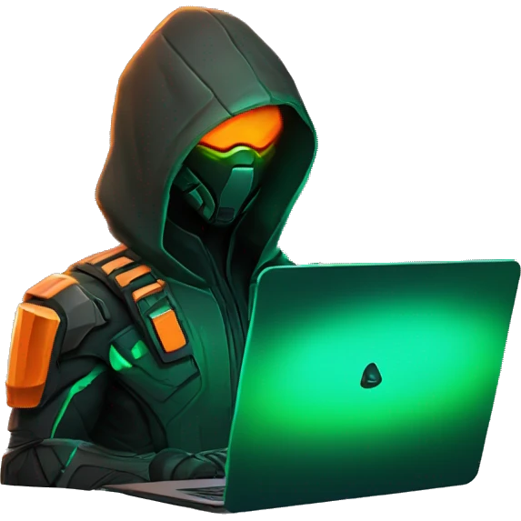 Side view developer behind his laptop with this style : crysis Cyberpunk Valorant orange glowing bright orange character green black hooded assassin themed character emoji