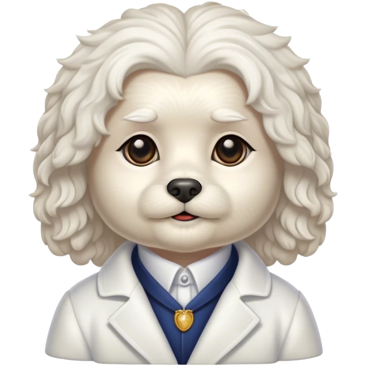 Cinematic Noble Wavy-Haired Maltese Portrait Emoji, Poised and regal, with a delicate, compact build and a pristine, wavy-haired white coat that cascades in gentle curls, deep-set soulful dark eyes, Simplified yet sharp and sophisticated features, highly detailed, glowing with a soft, dignified glow, high shine, intelligent and gentle, stylized with an air of refinement, focused and attentive, soft glowing outline, capturing the essence of a watchful and graceful companion, so majestic it feels as though it could prance out of the screen with effortless authority! emoji