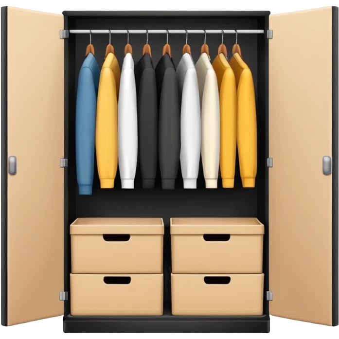 Minimalistic flat vector icon, iOS style, thin black contour on white background. Open wardrobe with neatly arranged boxes inside. Clean, no text, no shadows emoji