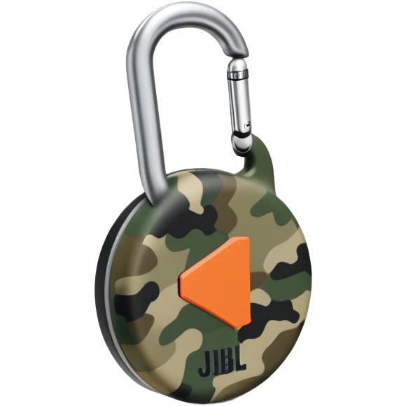 Extremely simplified JBL Clip 4, flat design with subtle camouflage pattern, single carabiner hook, iOS emoji style emoji