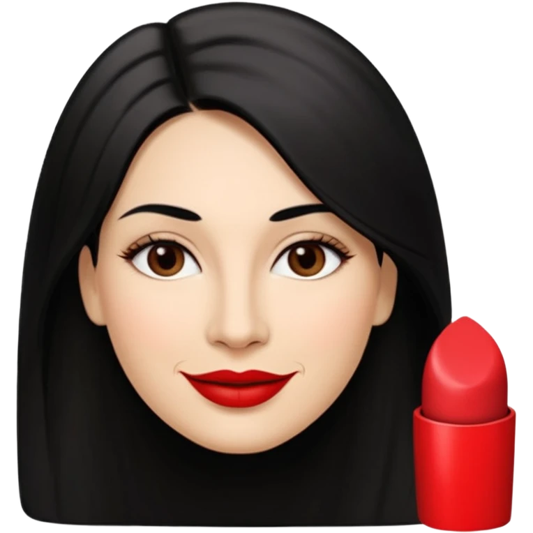 Mulher, 40 anos, pele: Morena clara, rosto: Oval, Cabelos: Lisos, longos, cor preta, repartidos para o lado direito, Olhos: Castanho-escuros, espaçamento normal, Nariz: Tamanho médio, ponte reta, narinas discretas, Boca: Lábios médios, bem definidos, com batom vermelho marcante e sorrindo  emoji