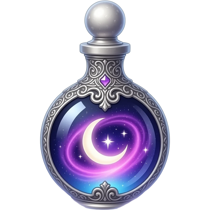 ornate glass vial with metallic filigree, swirling cosmic nebula inside, glowing purple‑pink‑blue light, crescent moon and tiny stars suspended in liquid, resting in soft mist, ethereal magical atmosphere emoji