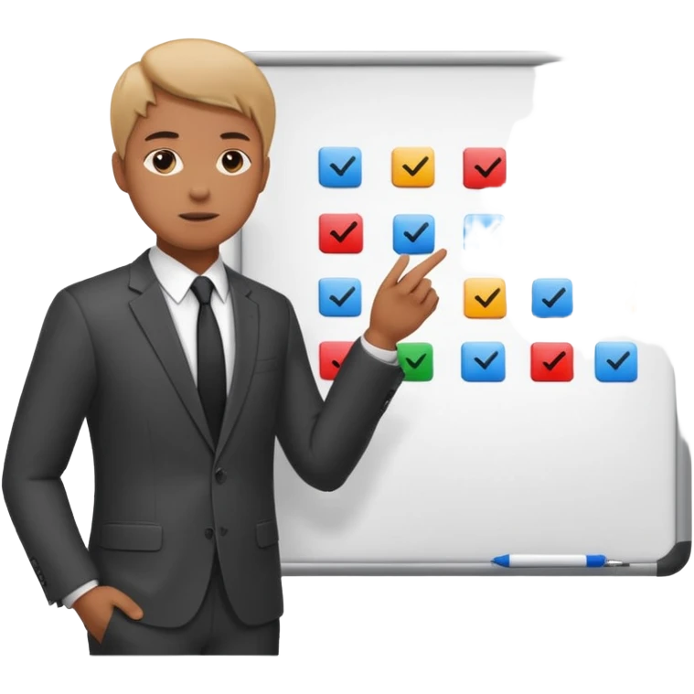 Create a realistic emoji of a person making some decisions in front of a grounp while standing in a office. the team is sitting while the leader stands next to a white board emoji