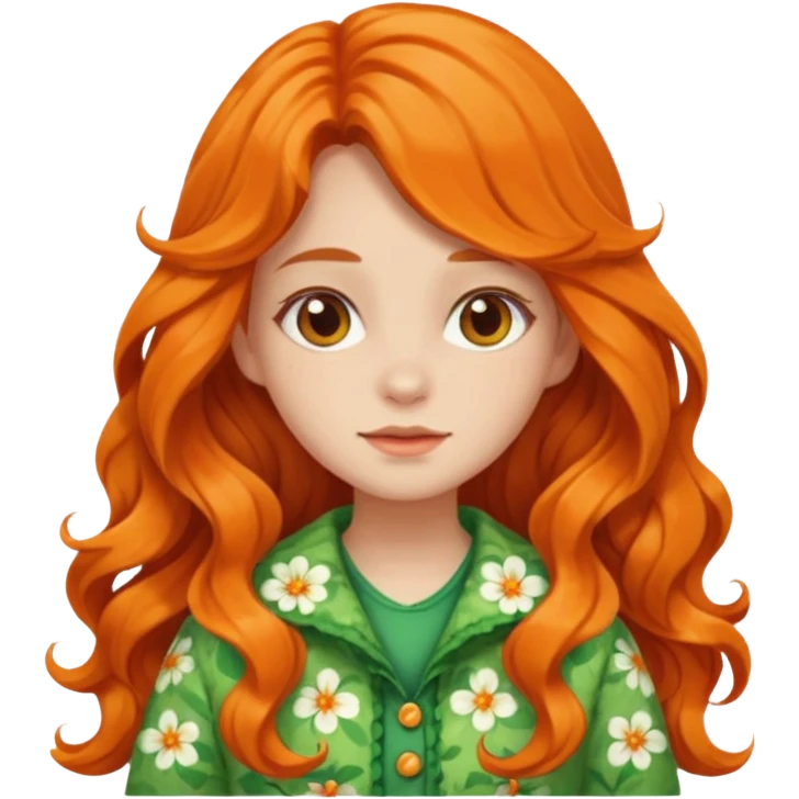 orange wavy long hair girl with wearing green cottage core flowery clothes emoji