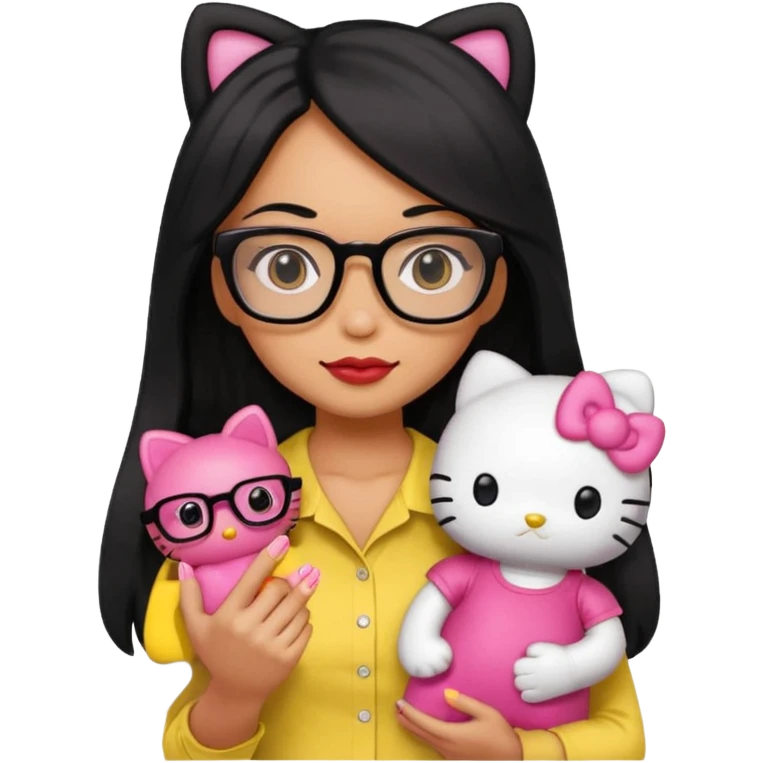 Nails cute with hello kitty wear glasses black long  hair, woman wear yellow shirt , red nails , big hello kitty doll emoji
