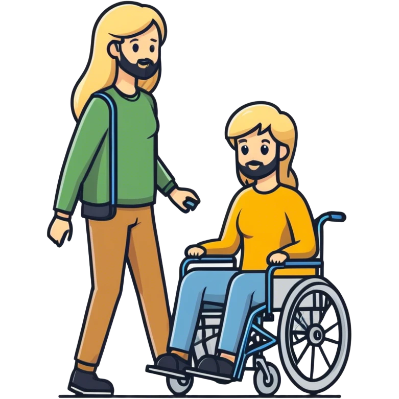 Long blonde haired mom pushing the wheel chair with a man with a beard emoji