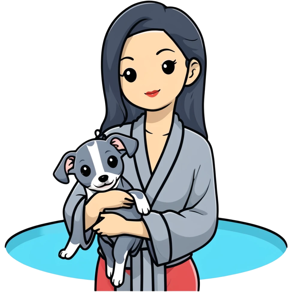 Very thin and slim Chinese woman with long black hair in elegant pool attire at a luxury spa pool with fancy amenities and her Italian greyhound that is COMPLETELY solid dark grey with ABSOLUTELY ZERO white markings anywhere - 100% uniform dark grey color only emoji