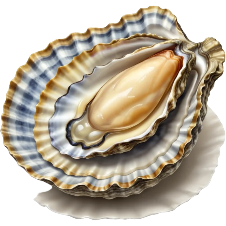 raw oyster, open on half shell, textured irregular shell, grey and brown, glistening flesh, translucent moist interior, natural folds, creamy grey-beige, no lemon, ice, plate, garnish, or faces, clean 3D, soft shadows, transparent background, emoji scale emoji
