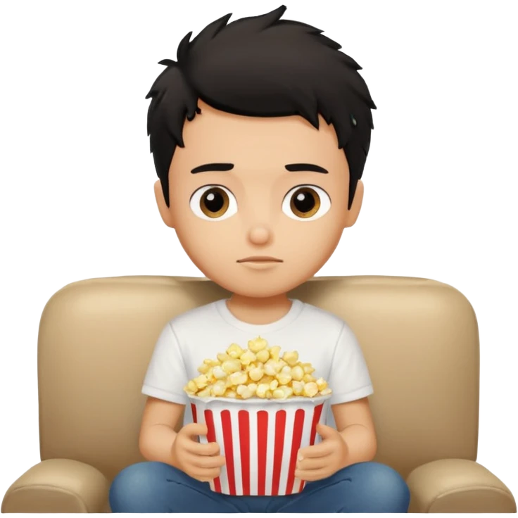 generate a pretty tan bratz boy with black messy hair eating popcorn and watching tv, wearing white tshirt emoji
