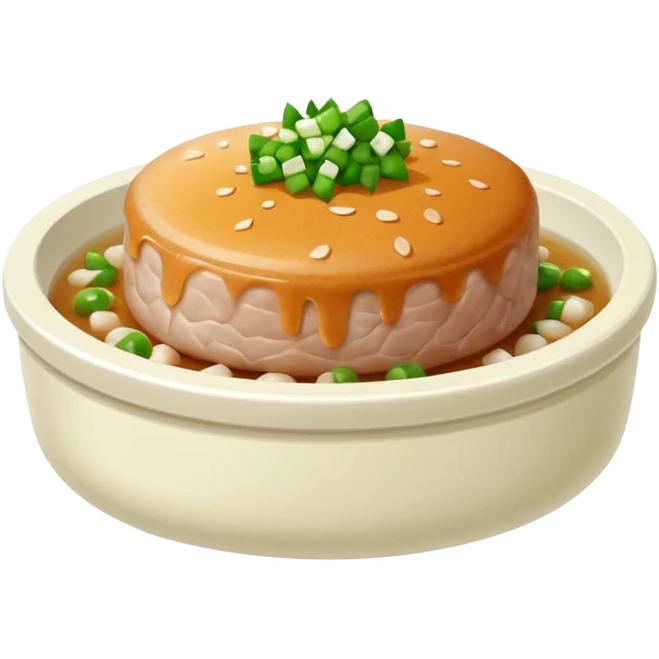 Emoji of a Chinese steamed pork patty in a small dish, topped with chopped scallions, soft texture, minimal style. emoji