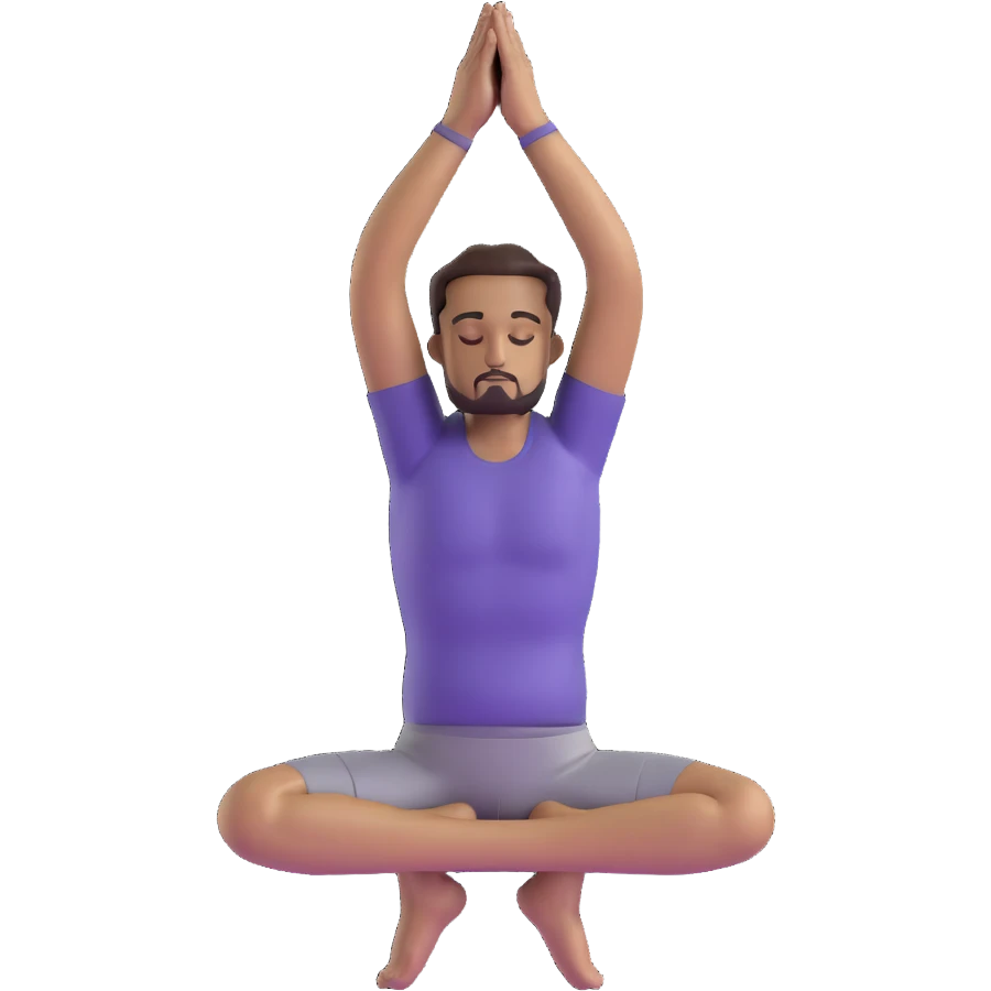 man doing tree pose yoga with one foot against inner thigh, hands in prayer position emoji