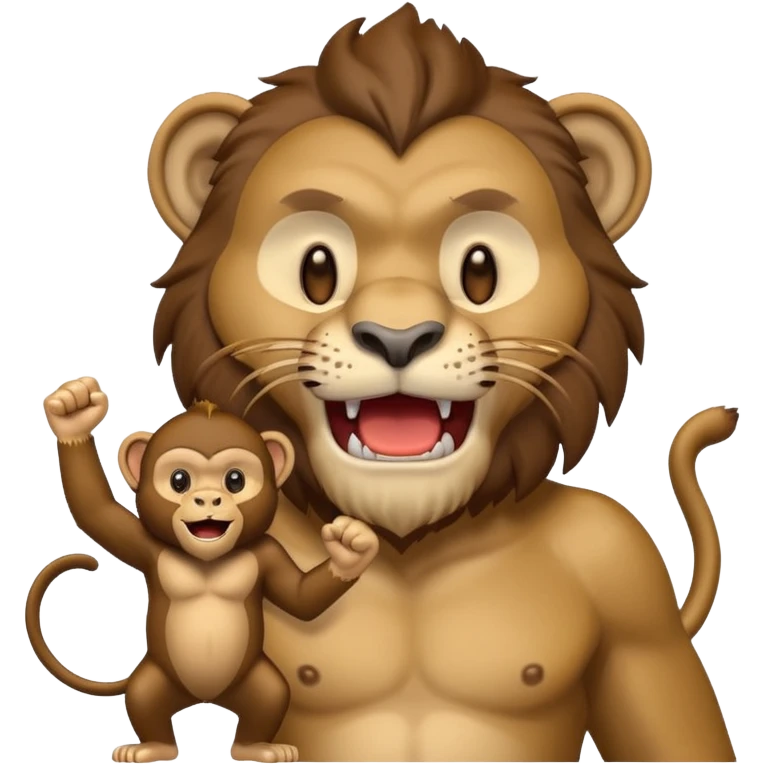 Roaring lion facing a calm monkey in who has his fist on his chin smiling emoji
