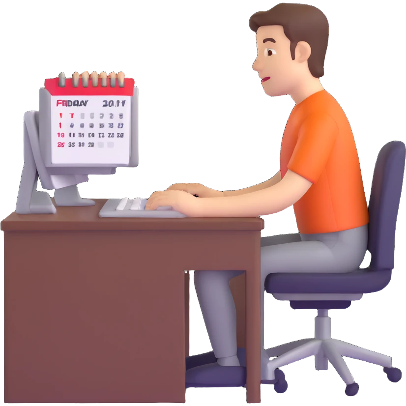 person at a computer with a calendar showing Friday emoji