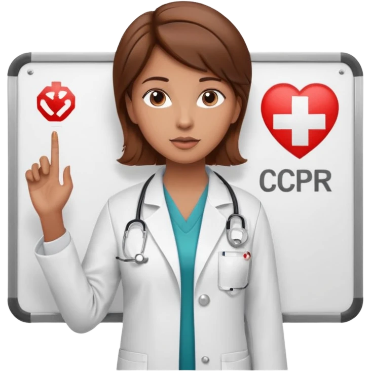 Teacher, female, brown hair up, holding a pointer to a white board with a CPR logo. emoji