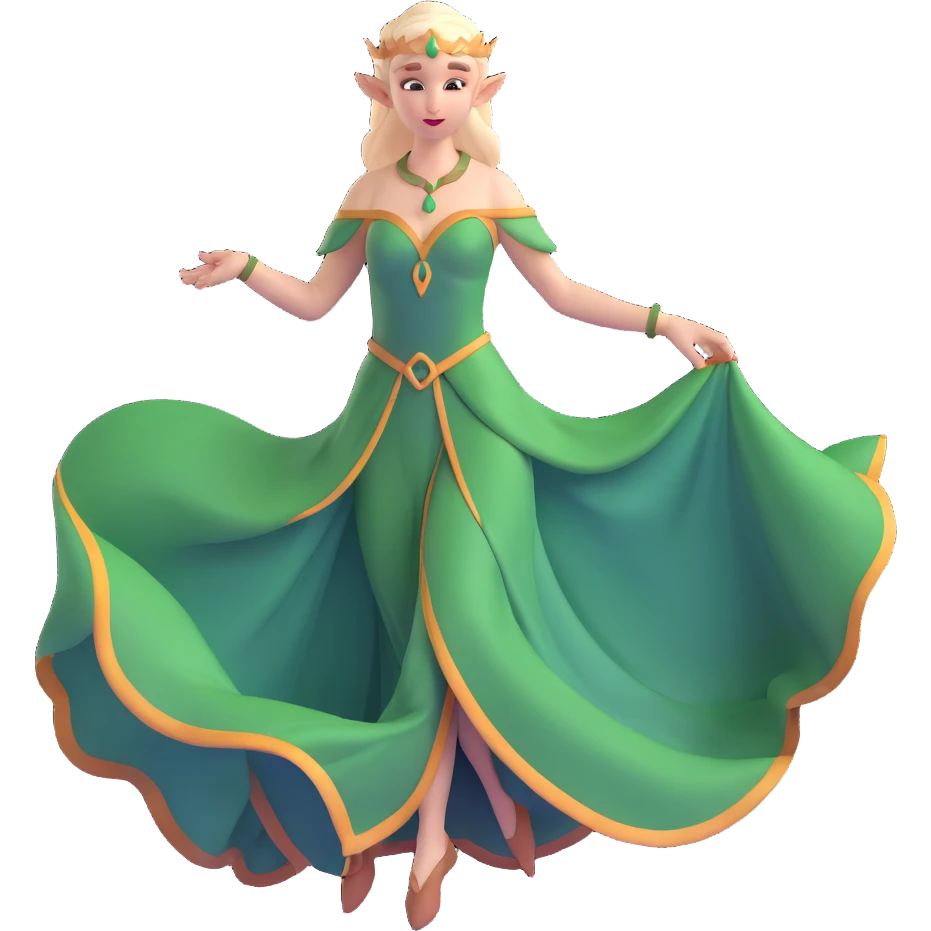 distinctly feminine elf maiden with graceful pose, flowing gown emoji