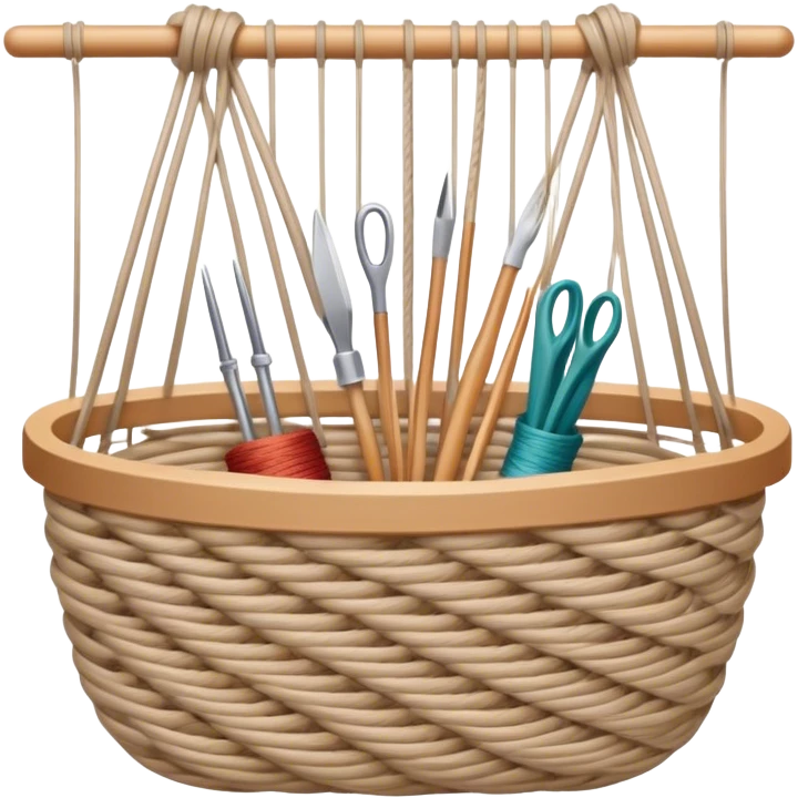 Weaving icon, various types of weaving such as basket weaving, macramé, and loom weaving, showing intertwined threads or ropes, weaving tools like shuttle, crochet hook, and loom, minimalistic style, clean lines, transparent background. emoji