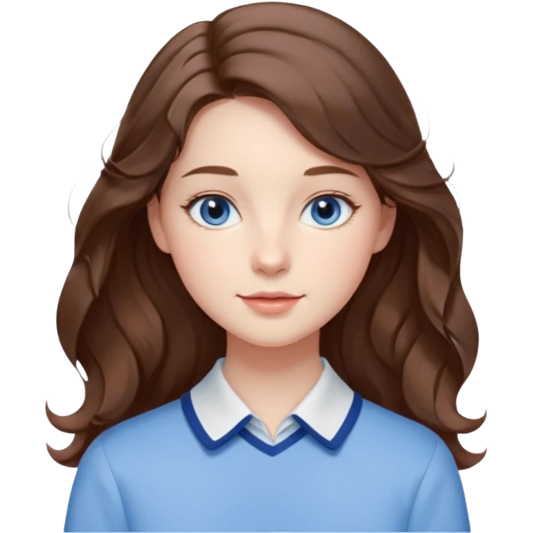 Realistic Student Portrait, with porcelain-like skin featuring a natural rosy flush, illuminated by soft lighting that highlights the gentle contours of her face. Her Brunette hair flows in soft, Her deep blue eyes radiate warmth and innocence,  wear light blue preppy style. emoji