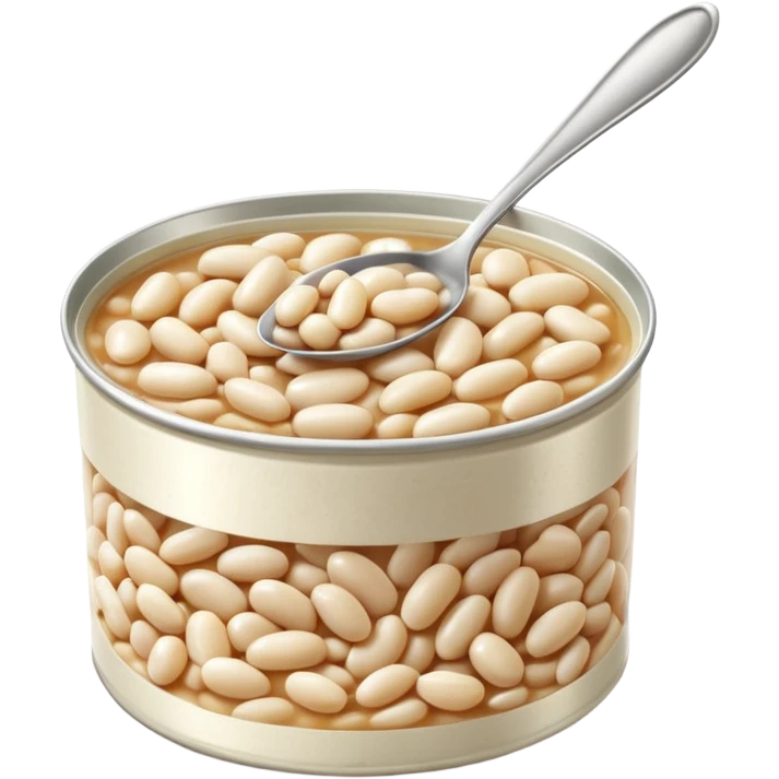 open tin can filled with plump glossy white beans in light slightly starchy broth, smooth oval beans gently piled with natural glisten, metallic shallow partially opened can, no label spoon or garnish, soft lighting, subtle shadows, emoji scale emoji