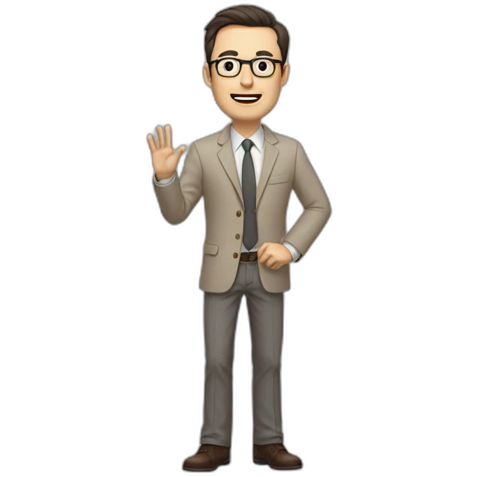 Full height Actively gesturing with hands Pale skinned fit man with dark brown hair in gray jacket, beige office shirt, brown tie, brown pants and vintage glasses. emoji