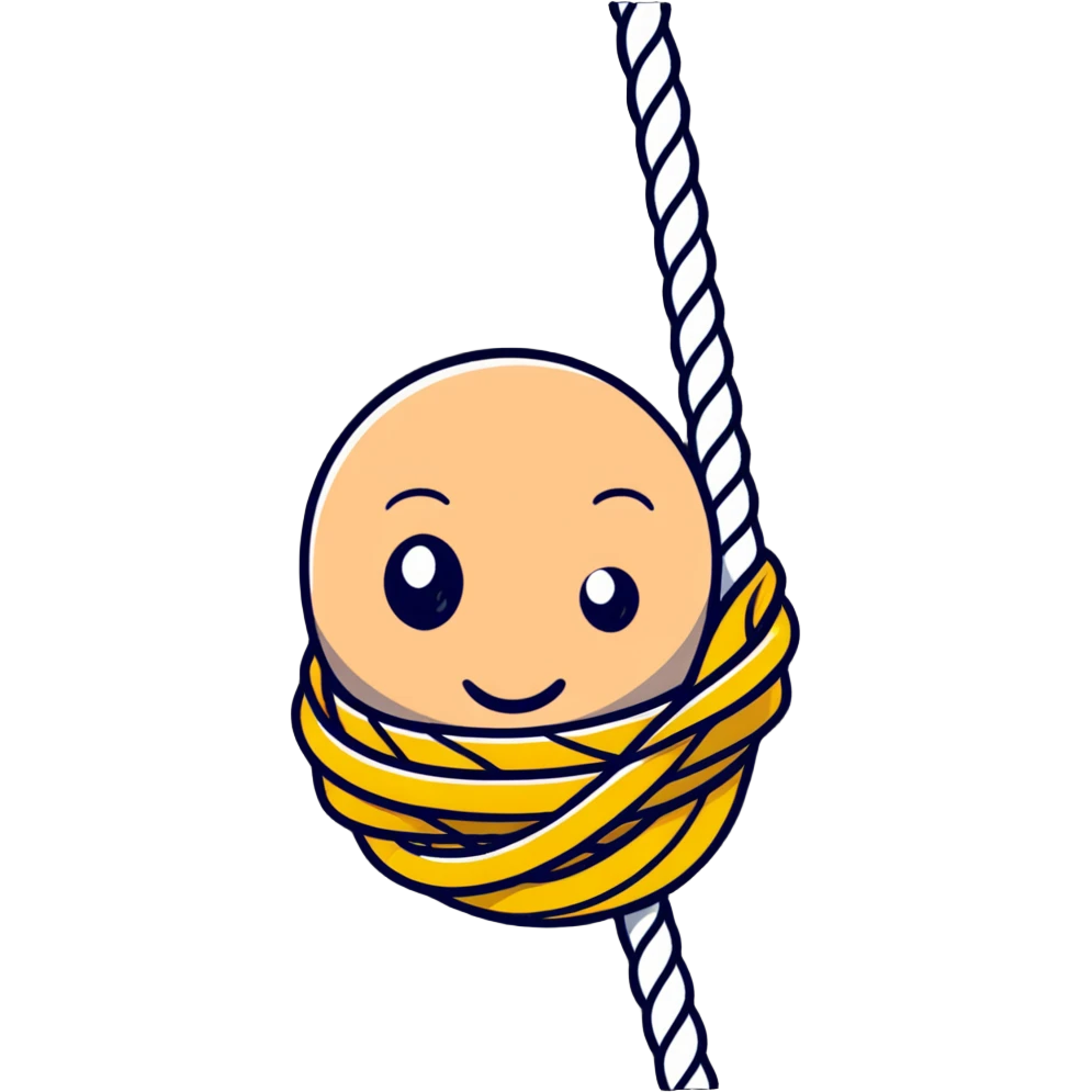 A funny cartoon character completely entangled in rope with just their face peeking out, looking silly emoji