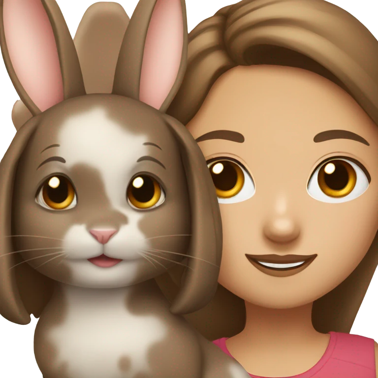 Brunette girl and brown light rabbit  With black spot and snout emoji