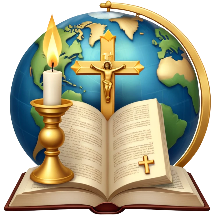 An icon featuring a holy book, a candle, and a cross, symbolizing religious studies. The design includes a globe with various religious symbols like a crescent moon and a star, representing the diversity of beliefs. Transparent background highlights the exploration of world religions emoji