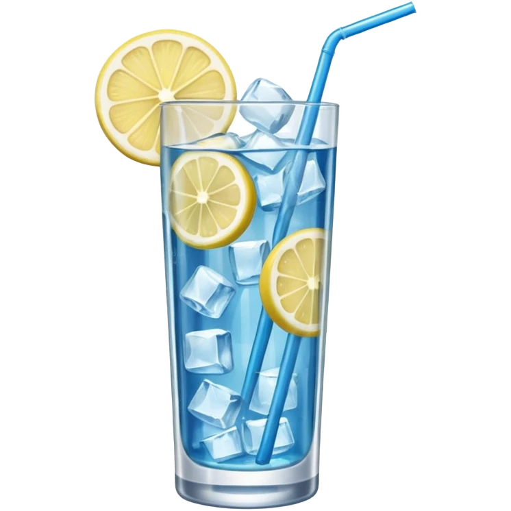 A tall glass of blue lagoon with lemon slices, ice cubes, and a curved straw.
 emoji