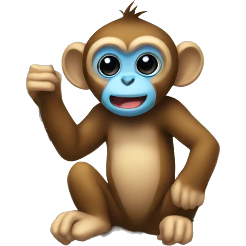 A cute tiny kawaii monkey with blue face and brown fur and big black eyes sitting on a branch with a long tail hanging down emoji