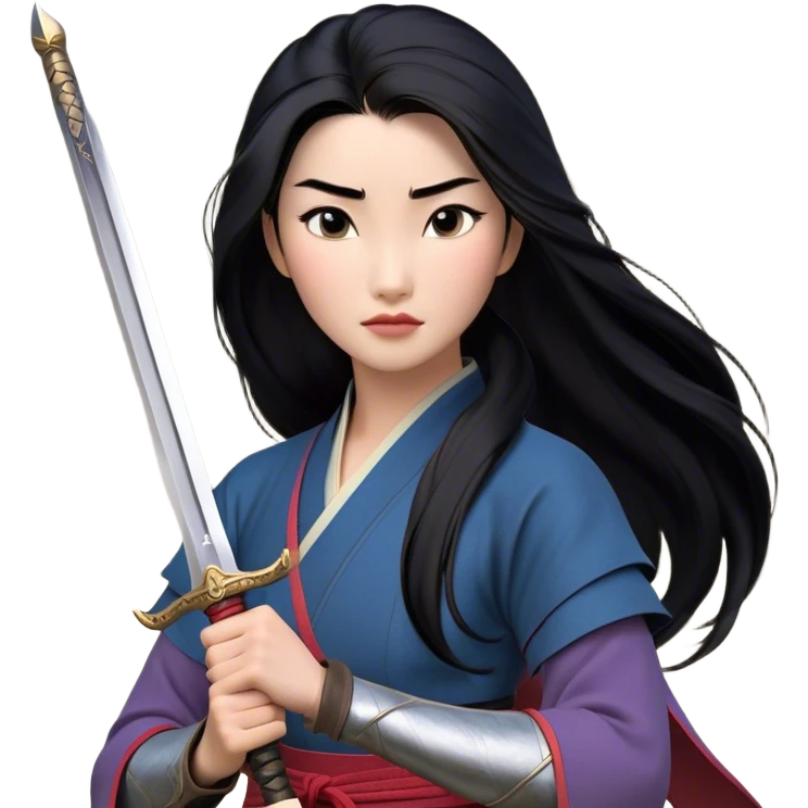 Cinematic Realistic Mulan Portrait, depicted with lifelike skin texture, soft natural lighting, and intricately detailed long black hair styled elegantly. Her deep, expressive eyes exude determination and grace, complemented by a serene yet confident expression. She stands with one hand resting on the hilt of her sword, the other by her side, exuding strength and poise. She is dressed in her classic attire, with rich fabric textures and delicate folds that catch the light beautifully. The portrait features a soft, enchanting glow with a natural, radiant finish, capturing the essence of timeless strength and beauty in a realistic and painterly style, evoking a sense of depth and authenticity. emoji