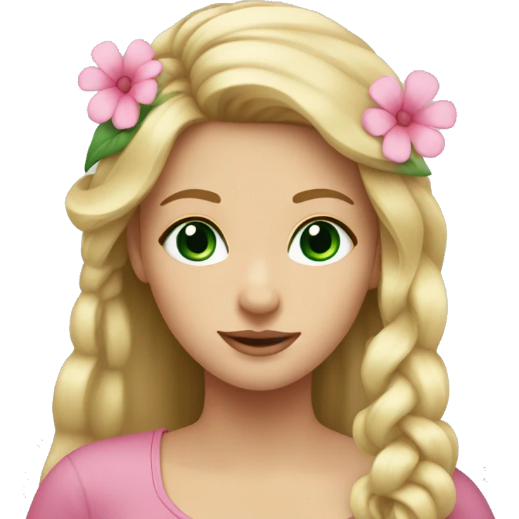 Young woman, long blond hair, dark green eyes and a pink flower in her hair  emoji