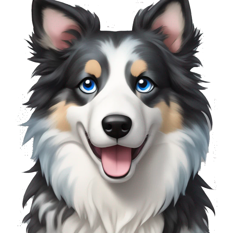  Black spotted brindle fluffy collie husky lurcher fox blue eyes fluffy ears and holographic harness running emoji