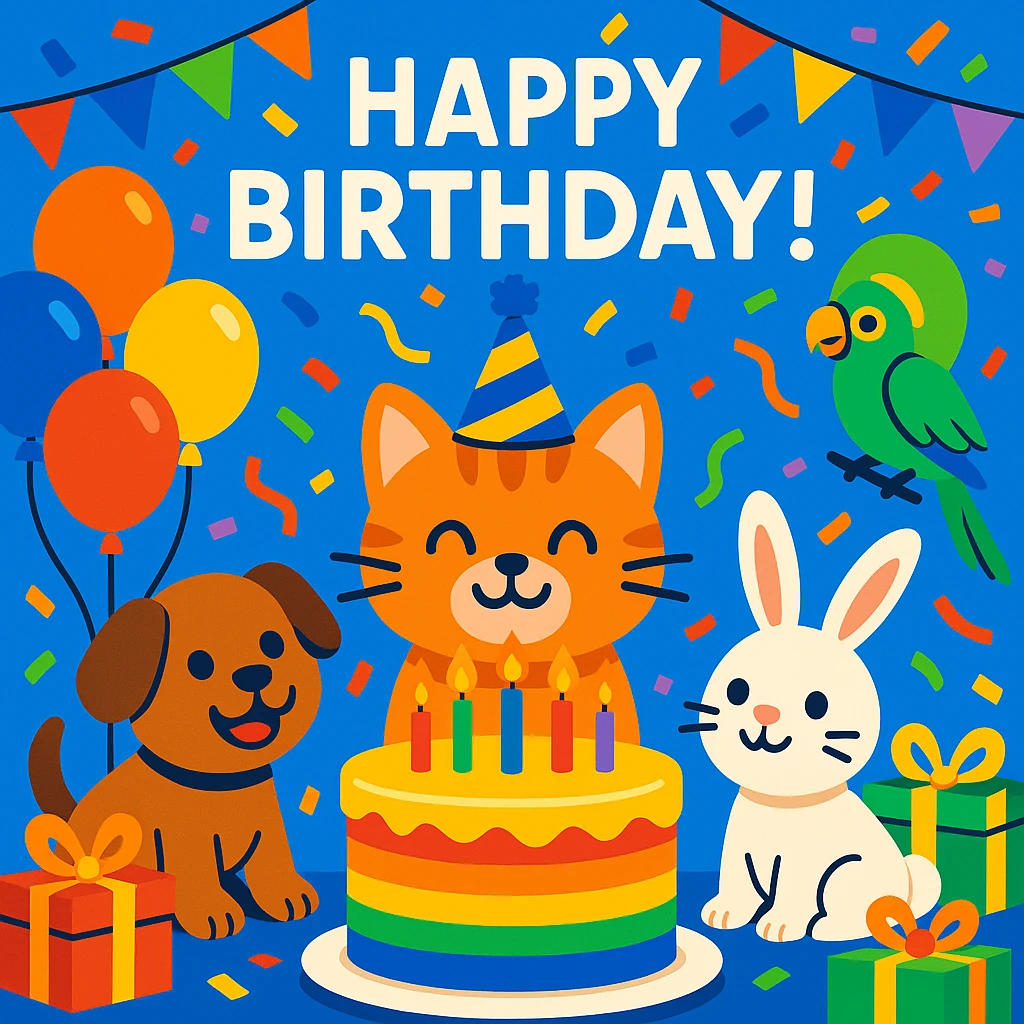 birthday party scene with a rainbow color theme including rainbow balloons, multicolored decorations, confetti, a large rainbow birthday cake, gifts, and a festive atmosphere; main character is a ginger tabby kitten wearing a birthday hat, surrounded by a puppy, bunny, and parrot also celebrating; include a prominent 'Happy Birthday!' message emoji