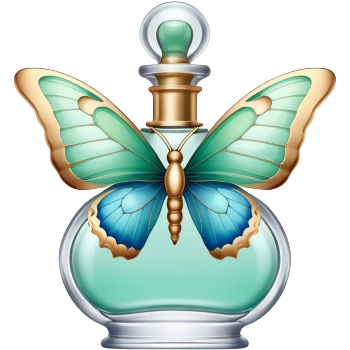 A delicate butterfly with pastel green and blue wings resting on a vintage glass perfume bottle with golden details. emoji