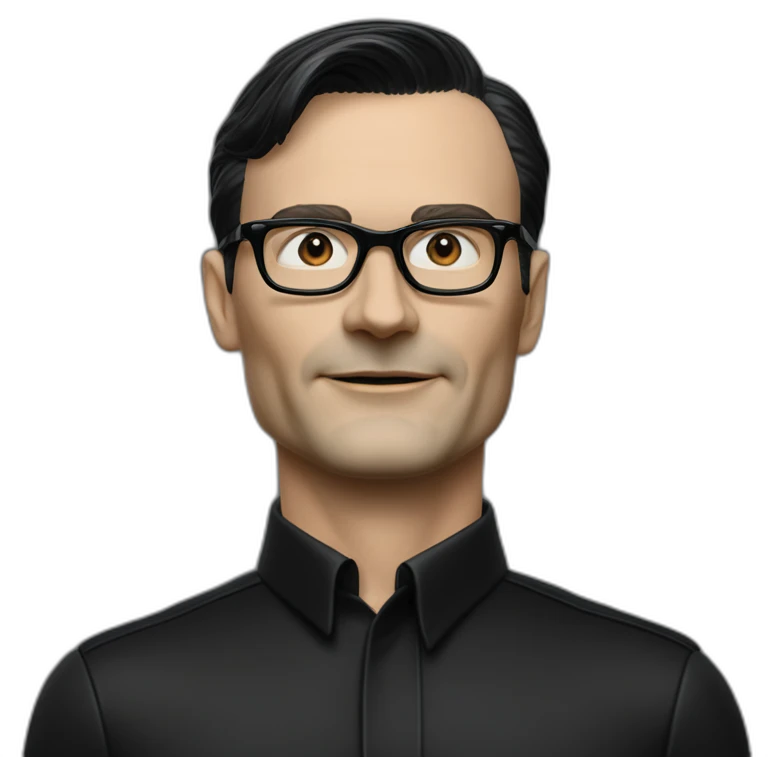 small photo realistic waving Ralf Hutter from Kraftwerk, short straight black hair, Dark Brown eyes, black glasses, thin, black shirt, side view emoji