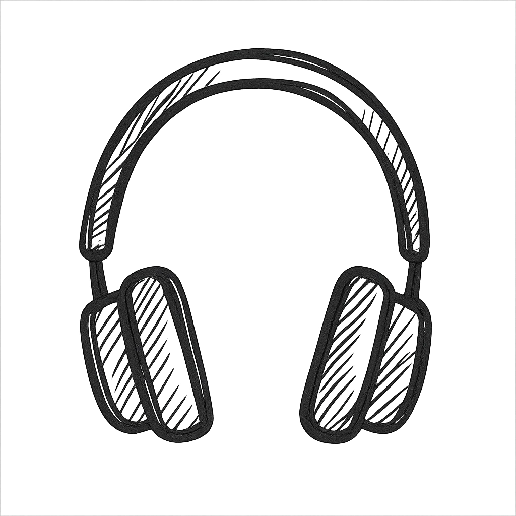 Over-ear headphones, black outlined, white fill, hand drawn style emoji