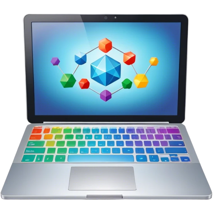 Professional icon for Graphic Design: a laptop with Photoshop open on the screen, displaying geometric shapes like spheres, cubes, and pyramids, along with a stylus. The icon should reflect the creative process in graphic design. Transparent background. emoji