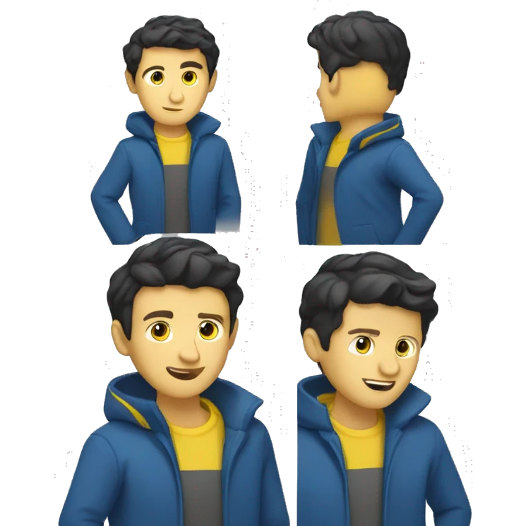 HALF BODY CAUCASIAN GUY WITH SOFT BLACK SHORT HAIR WITH BLUE COAT AND YELLOW INNER SHIRT SHOWING HIS DANCE MOVES emoji