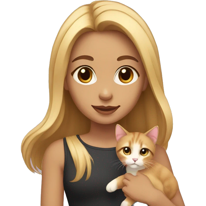 Girl with blonde shoulder-length hair and dark eyes and light brown skin holding kitten cat emoji