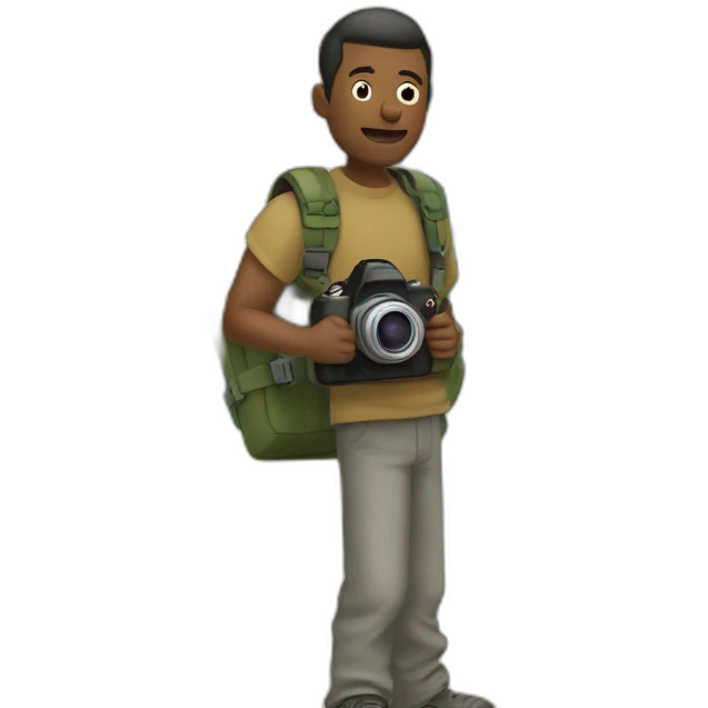 a drawn man stands against the background of a world map and holds a camera in his hands emoji