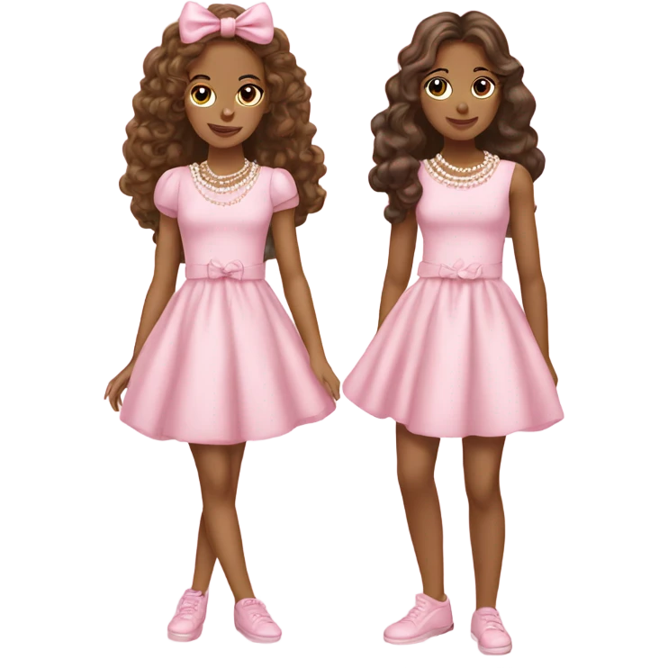 two teenage Latina twins. pink. Long hair. Pink bows. Pearls. Light pink. Diamonds dress. emoji