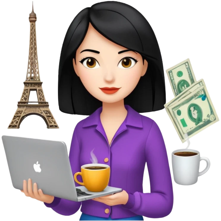  woman character with laptop and coffee in Paris, dollars coming out from the screen floating, colorful chic outfit, white laptop, Pixar style, black hair, fair skin,  emoji