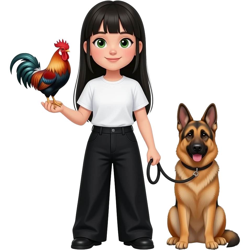 Сделай девочку брюнетку прямые длинные волосы темно зеленые глаза в белой футболке она не должна быть длинно и заправленнойв оверсайз черных штанах в руках у нее рыжий кок со светло зелеными глазами и еще у нее в руке поводок черный от немецкой овчарки и ета собака коло девочки emoji