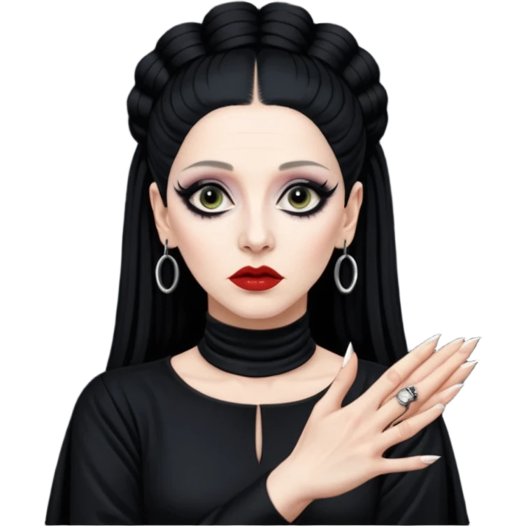 Lene Lovich shown as on the Stateless album cover with a typical symmetrical hand pose emoji