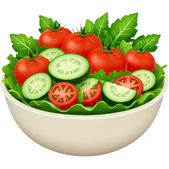 Salads avatar in clean emoji-style illustration. Fresh salad bowl with greens, tomatoes, cucumber, bright green tones, simple shapes, flat design, high contrast, light and healthy. emoji