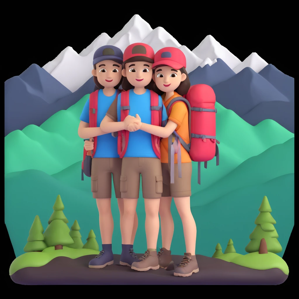 back packer couple posing, mountains in background,   close up pose emoji