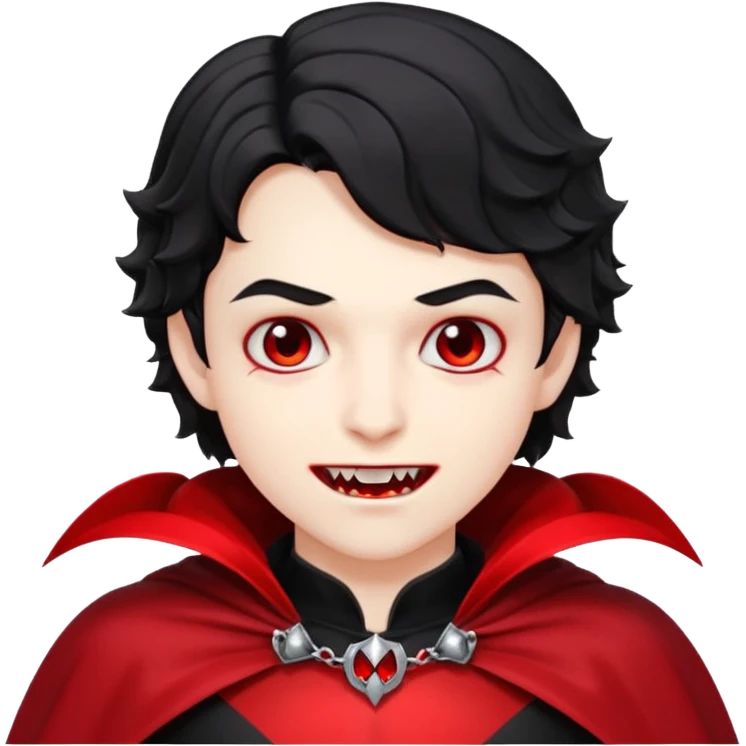 Pale skin, short black wavy hair, red and black cape. A traditional vampire look. emoji