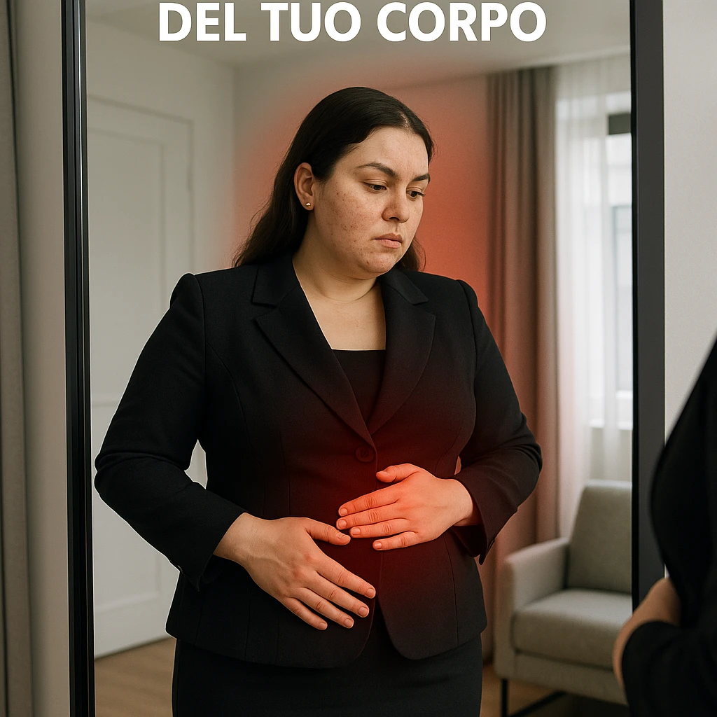 Donna con PCOS in abbigliamento elegante, si osserva allo specchio con una mano sulla pancia gonfia, riflesso evidenziato da un alone rosso, testo in italiano: 'Non ignorare i segnali del tuo corpo', ambiente moderno, qualità 4K emoji