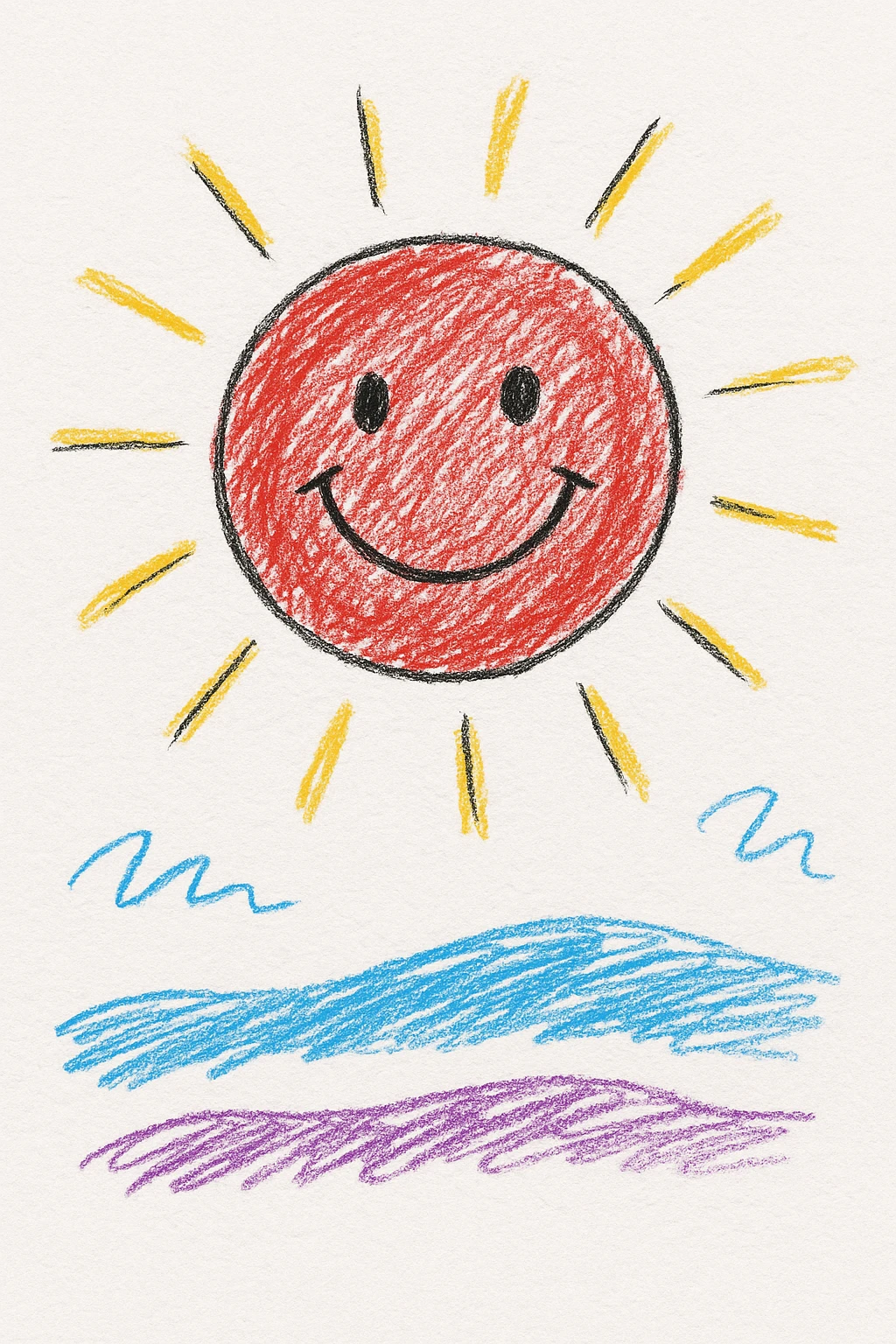 a smiling sun with rays, children's doodle style emoji